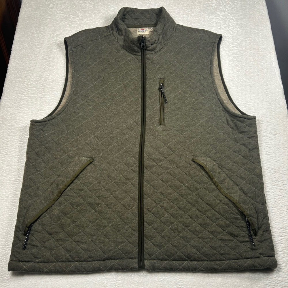 Faherty Epic Quilted Fleece Vest Full Zip Sleeveless Mens XL Olive Green Heather